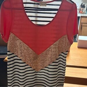 Lovely melody, short sleeve top with pink and black and white stripes